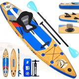 Stand Up Paddle Board Aufblasbar, SUP Board Set in Holzoptik, Kajaksitz, verstellbarem Doppelpaddel, komplettes Zubehör, Tragkraft bis 150 kg