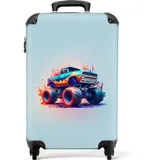 NoBoringSuitcases.com© Kinderkoffer Monstertruck - Flammen - Blau - Farbe - Design 55x35x20cm, 4 Rollen, Handgepäck Koffer, Hartschalenkoffer Kinder, Reisekoffer Jungen blau|bunt 35 cm x 55 cm x 20 cm