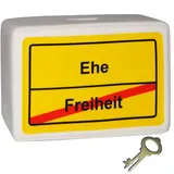 alles-meine.de GmbH große Spardose - Ortsschild - Ehe/Freiheit - mit Schlüssel und Schloss - stabile Sparbüchse aus Porzellan/Keramik - Sparschwein - Hochzeit/Braut & B..