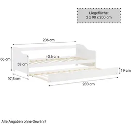 Homestyle4u Ausziehbett 90 x 200 cm Kiefer massiv weiß