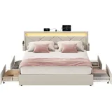 VASAGLE Doppelbettgestell, Bettgestell, 140 x 200 cm, LED, Metallbett, 4 Schubladen, Ladestation, verstellbares gepolstertes Kopfteil, Cappuccinobeige - Beige