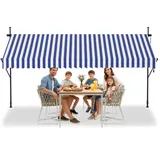 VA-Cerulean Klemmmarkise, Markise Sonnenschutz Balkon Ohne Bohren, Balkonmarkise Höhenverstellbar UV-beständig, Wasserabweisend mit Handkurbel (350cm Breit, Blau Weiße Streifen)