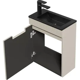 Badplaats Gäste-WC Waschtisch Set Thermis 40 x 22 cm Beige - Badmöbel Set mit Schwarzem Waschbecken und Unterschrank, Vormontiert und mit Soft-Close