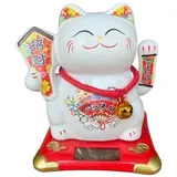 SolarCosa Winkekatze aus Keramik, Maneki Neko, Weiß, Glücksbringer, 13 x 10 cm