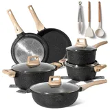 Just Perfecto Topf und Pfannenset Induktion mit deckel 15-teiliges - Kochtopfset Aluminium mit Antihaftbeschichtung - Töpfe Set Schwarz - Schwarz