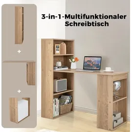 Costway Schreibtisch mit Bücherregal, Computertisch mit 6 Regalen, PC-Tisch mit Regal rechts oder Links, Bürotisch, 122 x 56 x 122 cm Natur