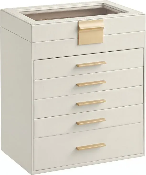 Ochama Schmuckkasten mit 6 Ebenen, Schmuckbox mit 5 Schubladen, Deckel aus Glas, für große Schmuckstücke, weiß