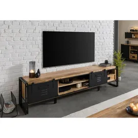 Massivmoebel24 BLACKBURN TV-Lowboard 240x45x55 cm Natur Klar Lackiert/Schwarz Holz/Metall