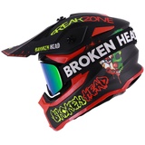 Broken Head Crosshelm FreakZone Schwarz-Rot-Grün+ MX-Brille Struggler Grün