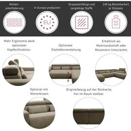DOMO collection Wohnlandschaft "BRANDON belastbar bis 140 kg/Sitz, 359x228 cm, U-Form", grau (dunkelgrau), Sofas, B/H/T: 359cm x 80cm x 228cm, Luxus-Microfaser, Recamiere rechts, ohne Sitztiefenverstellung, Kunstleder SOFTLUX;Luxus-Microfaser in Antikleder-Optik (100% 