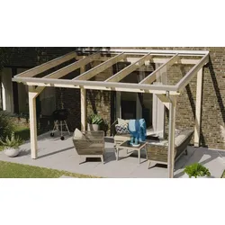 Holzüberdachung Terrasse - Gold - Farbe: Natur / Glasklar / Weiß-Opal - 3580 / 4280 / 4980 x 3000 / 3500 / 4000 mm - aus: Leimholz / Glas