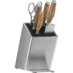Messerblock WMF "Grand Wood", braun (edelstahlfarben, braun), B:20,7cm H:35,2cm L:25,4cm, Messerblöcke, 6-teilig, Olivenholzgriffe, Spezialklingenstahl, perfekt ausbalanciert