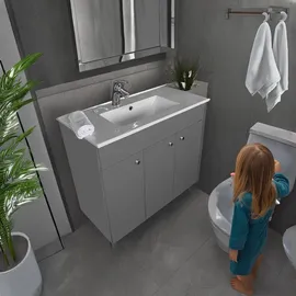 paplinskimoebel Waschbecken mit Unterschrank IGA Waschtischunterschrank, Stehend Eckig, Keramik, Badmöbel Set Waschplatz (Graphit, 80 cm) | Grau