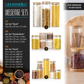 Arendo Glasbehälter-Set aus Borosilikatglas, mit Bambusdeckel, 7-tlg., mikrowellengeeignet, luftdicht,