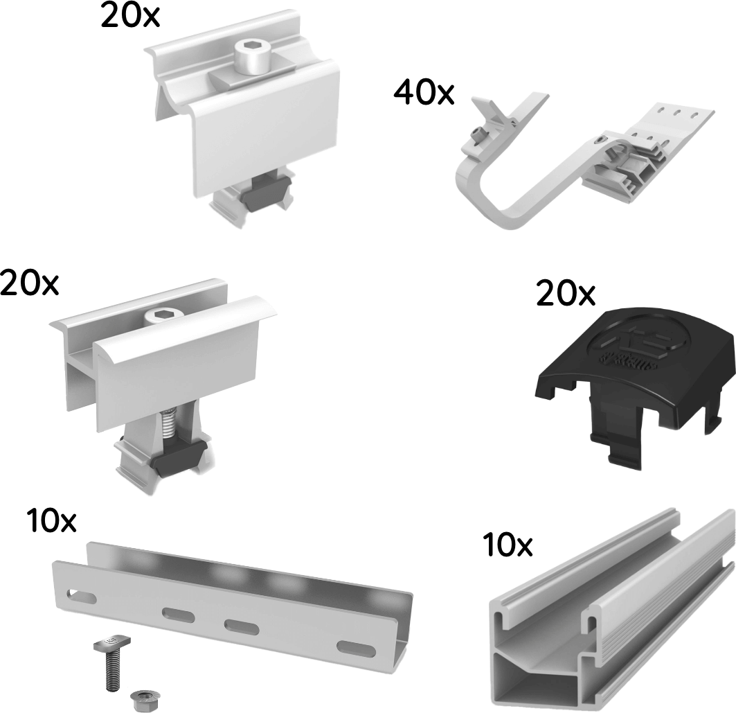  UK Paket für 10 Module von K2, SingleRail, Schrägdach, 1-lagig, silber 