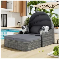 SOFTWEARY Sonneninsel Polyrattan Loungeset, Gartensofa mit Faltdach, Rattan Lounge Sitzgruppe für Garten, Garnitur Set grau