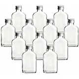 gouveo 12er Set Glasflaschen 100 ml Flachmann mit Schraubverschluss silberfarben - Kleine Flasche 0,1 l zum Befüllen - Leere Schnapsflaschen für Likör, Whisky, Gin, Brandy, Cognac (FF100S)