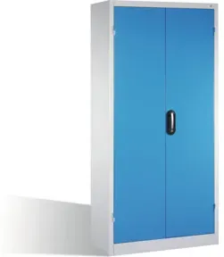 C+P Schwerlastschrank mit Drehtüren, 4 Böden und 3 Schübe, H1950xB930xT500mm Front Lichtblau Korpus Lichtgrau