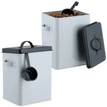 Relaxdays Futterbox, 2er Set, je 5,5 l, mit Löffel, Eisen, Aufbewahrungsbox Trockenfutter, weiß/anthrazit
