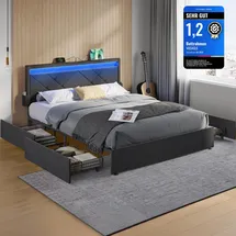 VASAGLE Doppelbettgestell, Bettgestell, passend für 140 x 200 cm Matratze, LED, Metallbett, 4 Schubladen, Ladestation, verstellbares gepolstertes Kopfteil, schiefergrau