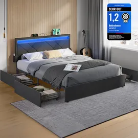 VASAGLE Doppelbettgestell, Bettgestell, passend für 140 x 200 cm Matratze, LED, Metallbett, 4 Schubladen, Ladestation, verstellbares gepolstertes Kopfteil, schiefergrau