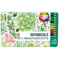 TOPP Colorful Moments Designdose mit Buntstiften - Botanicals: 12 Buntstiften in Grüntönen und einzelnen Kontrastfarben mit Metalldose