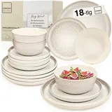 sänger Key West | Steingut Geschirr Set 18 tlg, Teller Set 6 Personen, Geschirrset 6x Speiseteller 6x Müslischalen 6x Dessertteller, Tafelservice Creme mit sandiger Maserung | VALUE COLLECTION