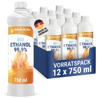Maxxi Clean | 12x 750 ml Bioethanol für Tischkamine | Made in Germany | geruchsneutral und rußfrei bei Indoor,- und Outdoor Ethanol-Kaminen | geeignet für Raum,- und Gartenfeuer mit Alkohol-Kamin