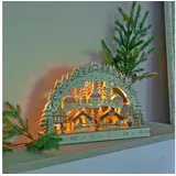 Spetebo LED Holz Schwibbogen 44 x 30 cm - Motiv: Wintermarkt (1-tlg), Batteriefach im Sockel versteckt - 2 Jahre Gewährleistung mind. 14 Tage Rückgaberecht