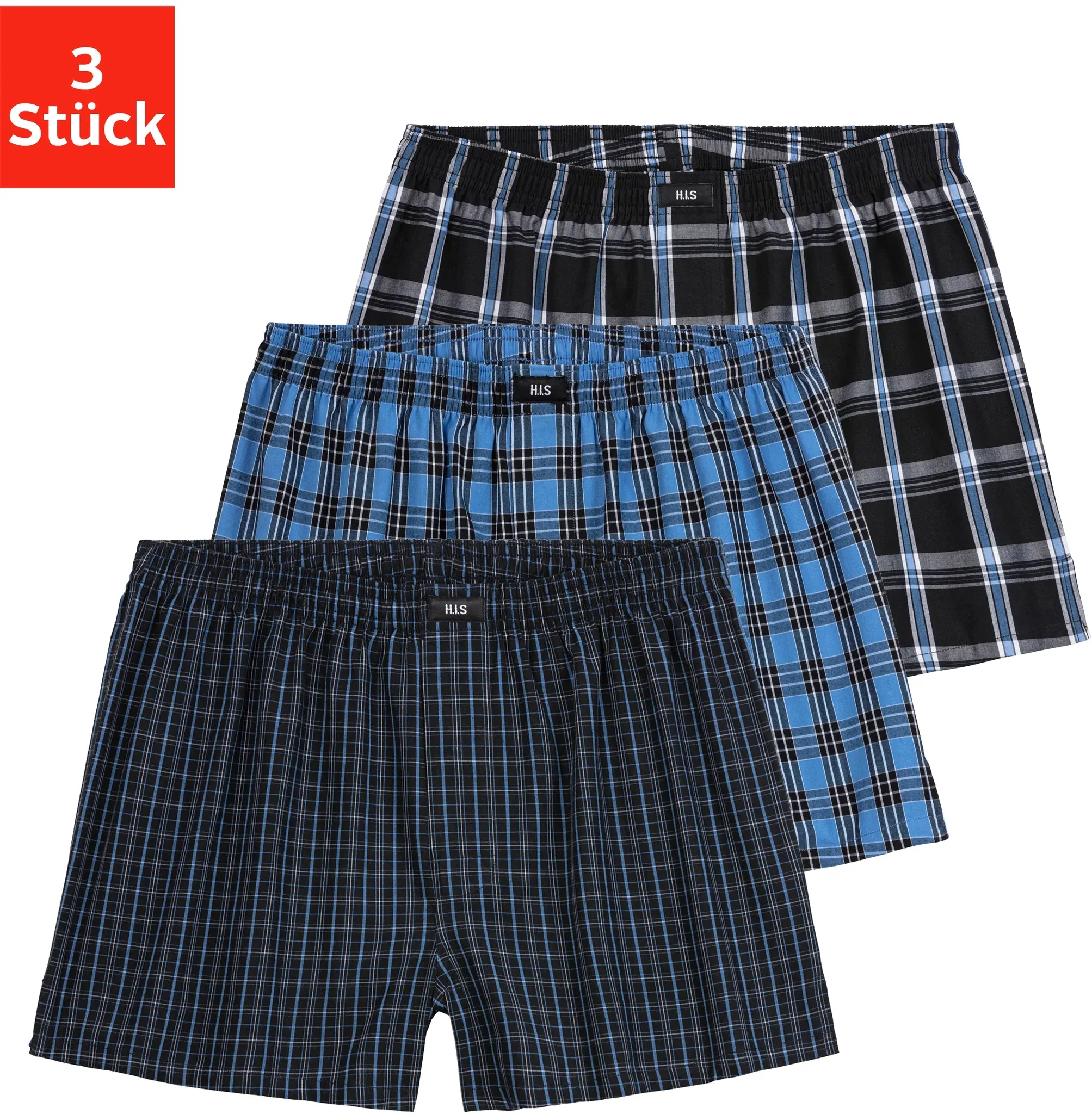 Webboxer H.I.S, Herren, Gr. 3, 3 Stk., blau (blau, kariert), Webqualität, Obermaterial: 100% Baumwolle, kariert, weit, Unterhosen, mit verschiedenen Karomustern, Topseller
