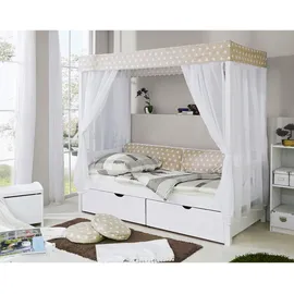 TICAA Himmelbett Lino 90 x 200 cm Kiefer weiß inkl. 2 Schubkästen stern-beige