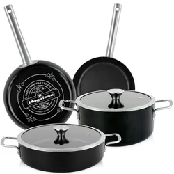 Magefesa Ares Kochtopf Set 6-Teiliges Induktions Antihaft Kochtöpfen Bratpfannen Glasdeckel, Schwarz