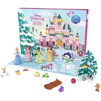Mattel Disney Princess Adventskalender - 24 Türchen mit Geschenken rund um beliebte Filmfiguren wie Tiana, Cinderella und Belle, inklusive 4 kleinen Prinzessinnenpuppen, HLX06