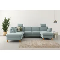 Wohnlandschaft HOME AFFAIRE "Trelleborg U-Form", blau (aqua), B:307cm H:86cm T:213cm, 100% Polyester, Sofas, Wohnlandschaft, Federkern-Polsterung, wahlweise mit Bettfunktion und Stauraum