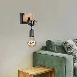 ETC Shop Wandleuchte hängend Wandlampe aus Holz mit Schraubzwinge schwarz, 1x E27, Textilkabel schwarz, 14x28x15cm, Flur Schlafzimmer Treppenhaus Wohnzimmer