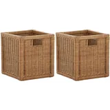 korb.outlet Set / 2 Regalkorb Braun-Hell ca. 28x29x30 mit Holzrahmen Rattan Schubfach Box zur Aufbewahrung Schrankkorb Griff
