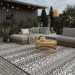evocamp Outdoor Teppich 300x400 cm, Kunststoffteppich, wetterfest für Terrasse, grau-weiß
