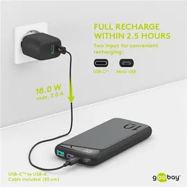 goobay Schnelllade-Powerbank 10.000 mAh (USB-CTM PD, QC 3.0 Powerbank mit Schnellladefunktion/Externer Akku/Power Bank für Smartphone - Tablet/Ladegerät Powerpack mit 2 USB-A Ports, Schwarz,
