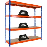 Proregal Profi Schwerlastregal Rhino HxBxT 200x200x60cm 4 Spanplatten-Ebenen 8mm Fachlast 500kg Blau/Orange Stecksystem Lagerregal, Steckregal,