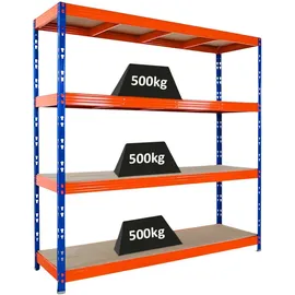 Proregal Profi Schwerlastregal Rhino HxBxT 200x200x60cm 4 Spanplatten-Ebenen 8mm Fachlast 500kg Blau/Orange Stecksystem Lagerregal, Steckregal,