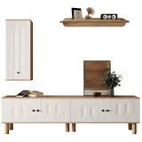 stilvora Wohnwand TV Möbel Set Weiß+Naturholz 48x170x40 cm mit TV Lowboard Highboard und Wandboard, geschnitzte Türen, flexibel kombinierbar