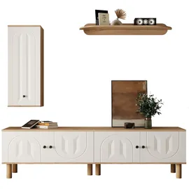 stilvora Wohnwand TV Möbel Set Weiß+Naturholz 48x170x40 cm mit TV Lowboard Highboard und Wandboard, geschnitzte Türen, flexibel kombinierbar
