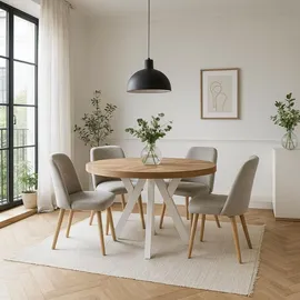 dekori.interiors Runder Ausziehbarer Tisch für Esszimmer, Pero, Loft-Stil, Skandinavische, Durchmesser: 110 / 210 cm, Eiche Craft Golden / Weiss - Braun