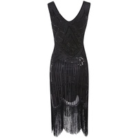 MIMIKRY 20er Jahre Charleston Pailletten Kleid Schwarz mit Fransen Flapper Damen-Kostüm, Größe:XL