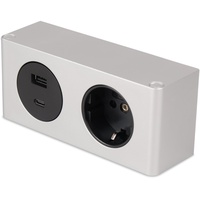 kalb Material für Möbel kalb | Möbel-USB-Powerbox, Unterbaumontage, 230V und 2x USB Steckdosen, 140x46x62.5 mm, Anschlusskabel mit Stecker, silber