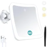 B Beauty Planet Vergrößerungsspiegel mit Licht,30 Fach Vergrößerung, Beleuchteter Make-up-Spiegel mit Touch Control und Saugnapf, Wiederaufladbar, 360° Drehbar, Badezimmer und Reise, Quadratisch