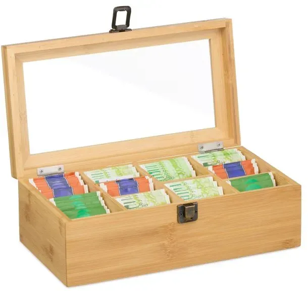 Relaxdays Teebox mit 10 Fächern Hellbraun,Transparent