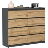 VBChome Kommode mit 8 Schubladen Antrazit mit Eiche 120 x 39 x 105 cm Grifflose Schubladenkommode Holz Mehrzweckschrank Mehrzweckschrank für Flur Schlafzimmer Wohnzimmer Kinderzimmer