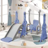 4-in-1-Rutsche für Kinder, Schaukel mit Rutsche, mit Basketball-Stand, Schaukel, Leiter, für Garten, Innenbereich, Outdoor, Spielplatz (Blau A, 140 x 118 x 82)