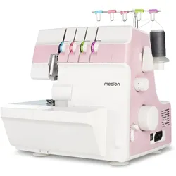 MEDION Overlock-Nähmaschine "MD 19169, Teleskopfadenführung, Zubehör- Fach", rosa, B:31cm H:32cm T:31cm, Nähmaschinen, 4 Fäden gleichzeitig, Nähen mit 2 Nadeln, Einstellbare Fadenspannung